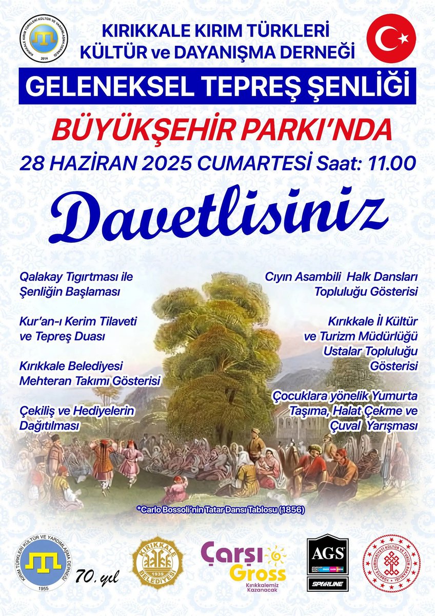 Kırım Derneği Crimean Association (@kirimdernegi) on Twitter photo Kırım Derneği Kırıkkale Şubesi daveti ile
"GELENEKSEL TEPREŞ ŞENLİĞİ"
📆 28 Haziran 2025 Cumartesi 
⏲️11.00'den itibaren 
🌏Büyükşehir Parkı Kırıkkale Kırım Derneği Kırıkkale Şubesi daveti ile
"GELENEKSEL TEPREŞ ŞENLİĞİ"
📆 28 Haziran 2025 Cumartesi 
⏲️11.00'den itibaren 
🌏Büyükşehir Parkı Kırıkkale