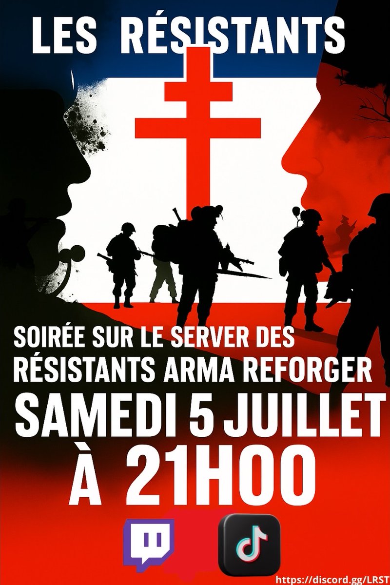 LesResistantsFR's tweet photo. 🔥 SOIRÉE SPÉCIALE ARMA REFORGER : LES RÉSISTANTS ! 🔥

Préparez-vous à l'action ! Nous vous invitons à une soirée épique sur le serveur des Résistants pour une session immersive sur Arma Reforger !

🗓️ Quand ? SAMEDI 5 JUILLET 
⏰ Heure ? 21H00 (Heure de Paris)

#ARMA #LRST https://t.co/s5tgB3B63O