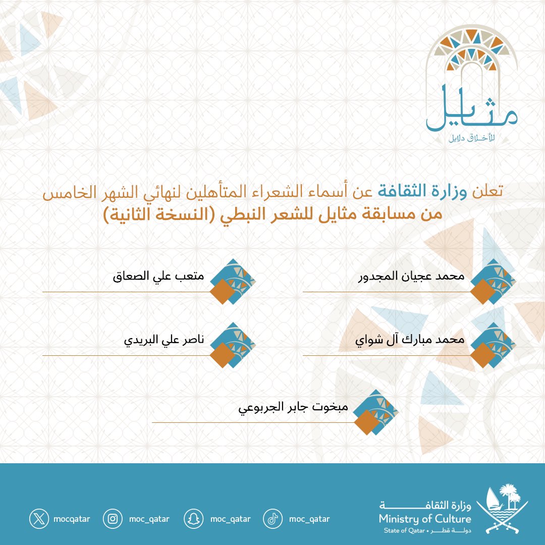 #وزارة_الثقافة تعلن عن أسماء الشعراء المتأهلين لنهائي الشهر الخامس من مسابقة #مثايل للشعر النبطي (النسخة الثانية)