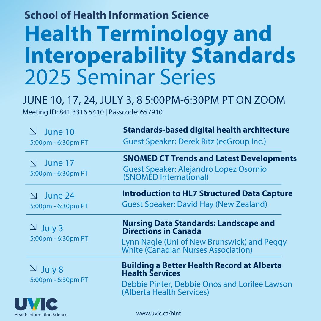 Health Informatics (@uvic_healthinfo) on Twitter photo Join UVic’s free Health Terminology Seminar Series this July! 🧠💻 July 3: Nursing Data Standards in Canada 🗓️ July 8: Building Better Health Records (AHS) 📍 Live on Zoom, 5–6:30PM PT 🔗 ow.ly/mC5i50Wf9Eo #DigitalHealth #HealthIT #EHR Join UVic’s free Health Terminology Seminar Series this July! 🧠💻 July 3: Nursing Data Standards in Canada 🗓️ July 8: Building Better Health Records (AHS) 📍 Live on Zoom, 5–6:30PM PT 🔗 ow.ly/mC5i50Wf9Eo #DigitalHealth #HealthIT #EHR
