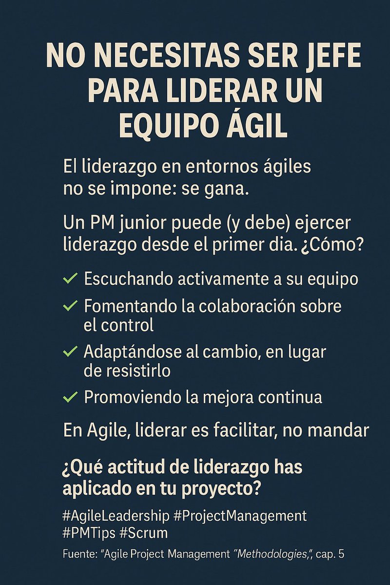 DataSe0's tweet image. No necesitas ser jefe para liderar un equipo ágil — El liderazgo en Agile se gana, no se impone. Escucha, colabora, adapta, mejora. Liderar es facilitar. ¿Ya lo practicas? #AgileLeadership #PMTips