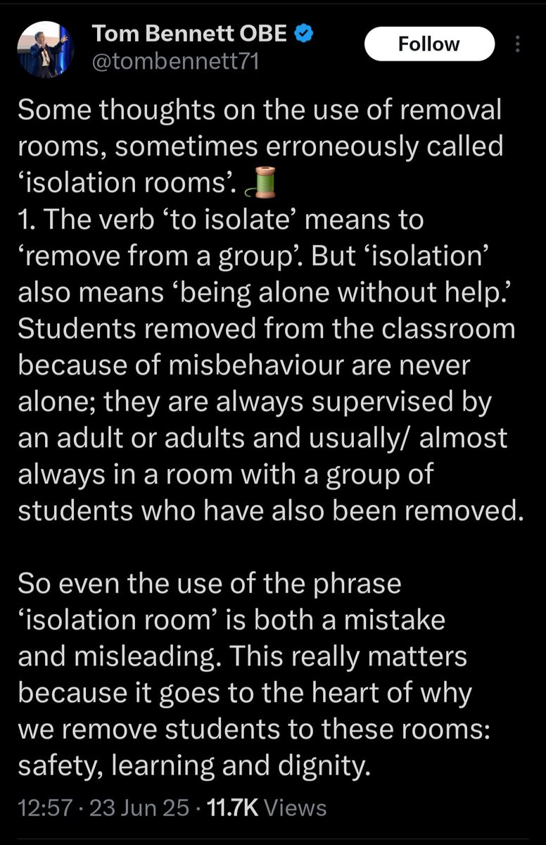 thehighcliffeguy (@adamhighcliffe) on Twitter photo Another week, another reminder that the Conservative-era behaviour tsar Tom Bennett is entirely unsuitable for another <a href="/educationgovuk/">Department for Education</a> role.
Bennett eagerly shared his wisdom on isolation rooms in schools, insisting they're all fine, walk away, jog on.
But wait a minute...
🧵 Another week, another reminder that the Conservative-era behaviour tsar Tom Bennett is entirely unsuitable for another <a href="/educationgovuk/">Department for Education</a> role.
Bennett eagerly shared his wisdom on isolation rooms in schools, insisting they're all fine, walk away, jog on.
But wait a minute...
🧵