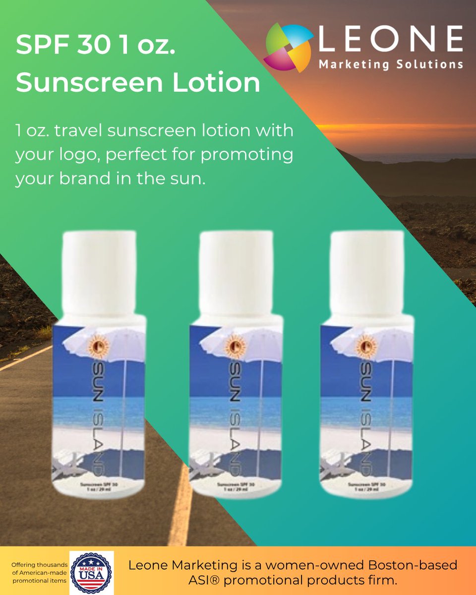 Promote sun safety with our 1 oz. SPF 30 lotion—tropical-scented, grease-free &amp; customizable!

Customize Now : 
leonemarketingsolutions.espwebsite.com/ProductDetails…

#CustomSunscreen #SPF30Protection #BrandPromotion #TravelEssential #SunSafety