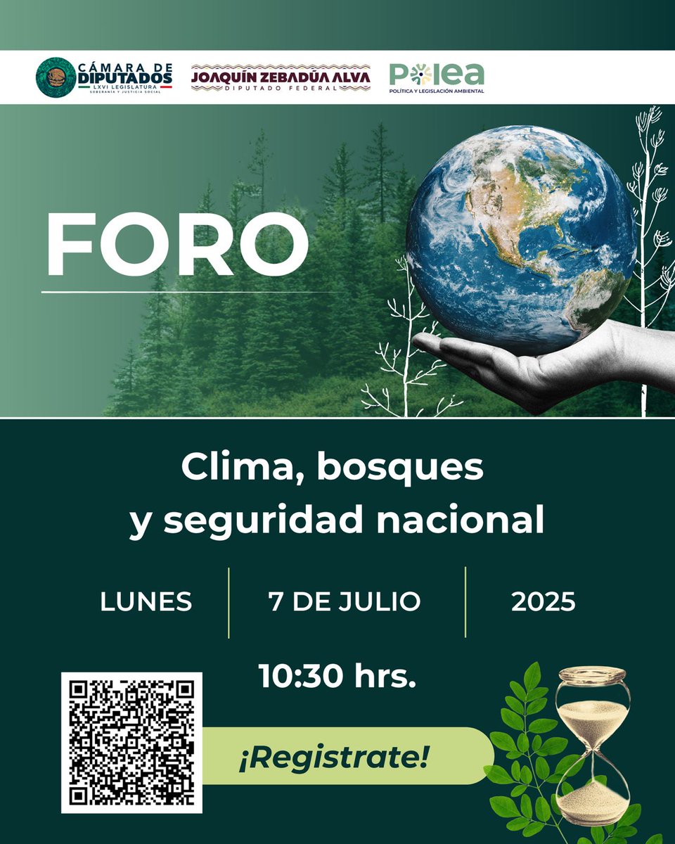 📢Todavía puedes registrarte‼️Al FORO "Clima, bosques y seguridad nacional" que se llevará a cabo el próx. 7 de julio a las 10:30 hrs. En el Palacio Legislativo de San Lázaro🚂🌱

👉tinyurl.com/4e7unvey 
Invitan: El Dip. <a href="/JoaquinZA2012/">Joaquín Zebadúa</a> y <a href="/PoleaAC/">POLEA</a>