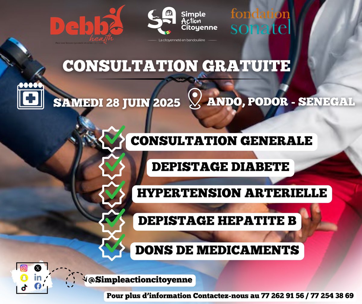 Simpleactioncit's tweet photo. 🚨 Santé pour tous à Ando !
Ce samedi 28 juin, rejoignez-nous pour une consultation médicale gratuite 💉🩺
📞 Infos : 77 262 91 56 / 77 254 38 69
#deurkiss #AmalNjariñAskanwi #Simpleactioncitoyenne #sonateloasis #debbohealth https://t.co/VwVvftGkVB