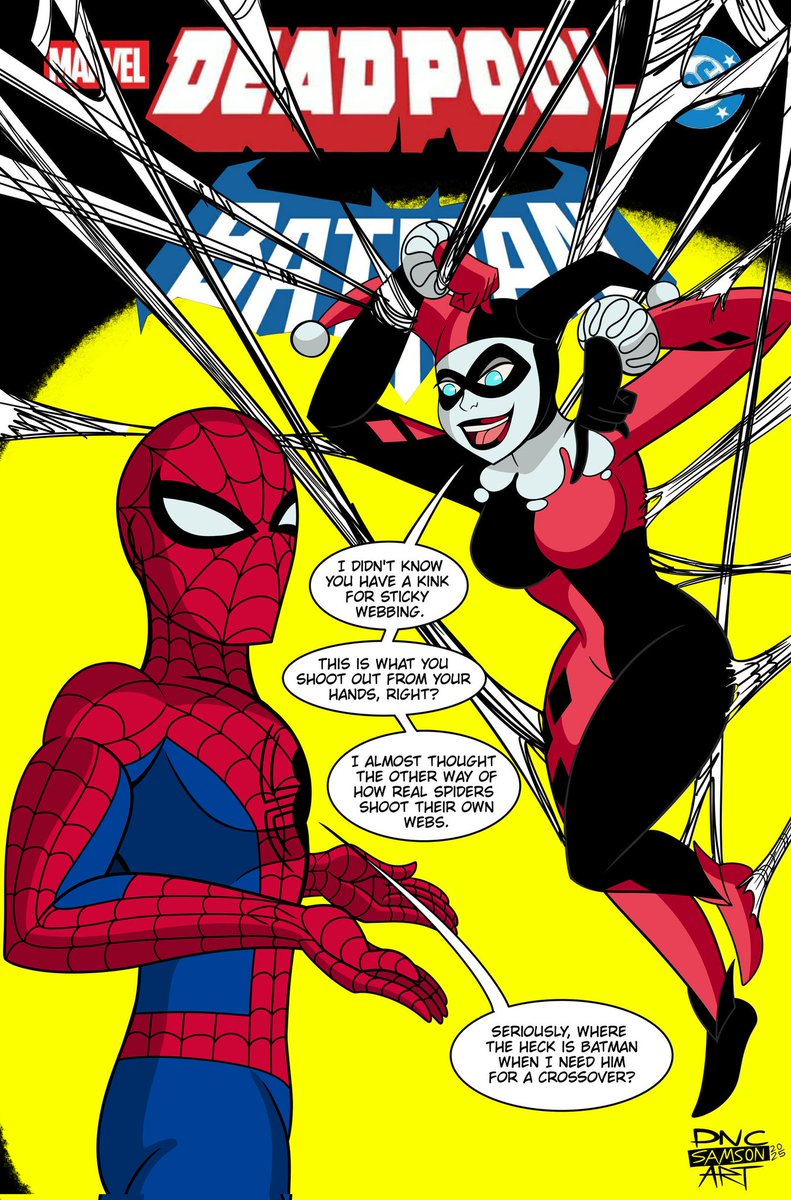 DNCSamsonART's tweet photo. NEW ART! Spider-Man and Harley Quinn aka (The Alternate Deadpool/Batman comic crossover)
#SpiderMan #HarleyQuinn #BatmanDeadpool #DeadpoolBatman #MarvelXDC #Crossover #Fanart https://t.co/HmNN3B3GMf