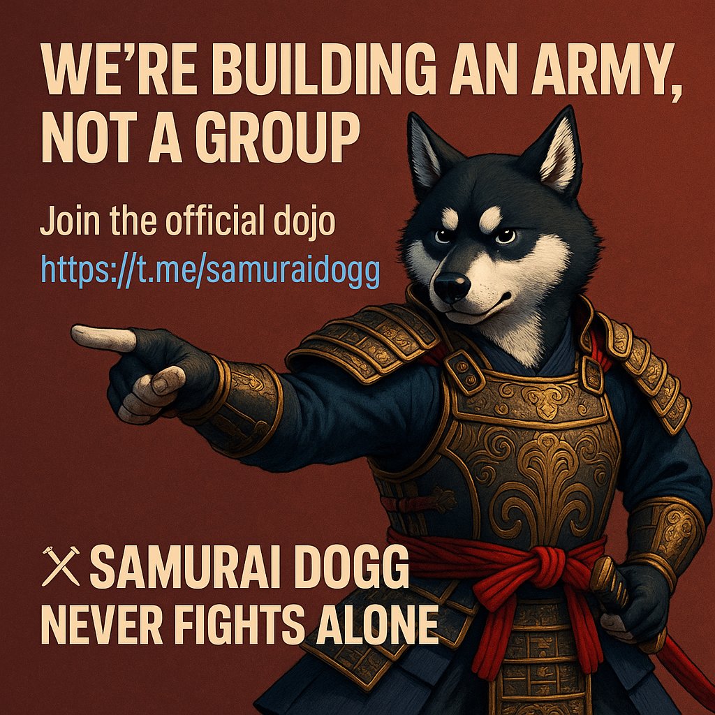samuraidoggxyz's tweet photo. We're not just creating a community we're forging a movement. 💥 
Join the dojo, stand with the pack, and fight alongside legends. 🐕⚔️ 
$SDOGG never fights alone.  

👉 https://t.co/tHxMQ6Udgo  

#SDOGG #SamuraiDogg #Crypto #MemeCoinArmy #CryptoDojo #Dojo #PumpFun #CryptoCommunity #Pump #TelegramCrypto #AI #Next100X #100xGems #Web3 #DoggArmy #Army #MEXC #DoggCommunity #Community #BTC #ETH #WIF #DOGE #PEPE #Bitcoin #Ethereum #ByBit