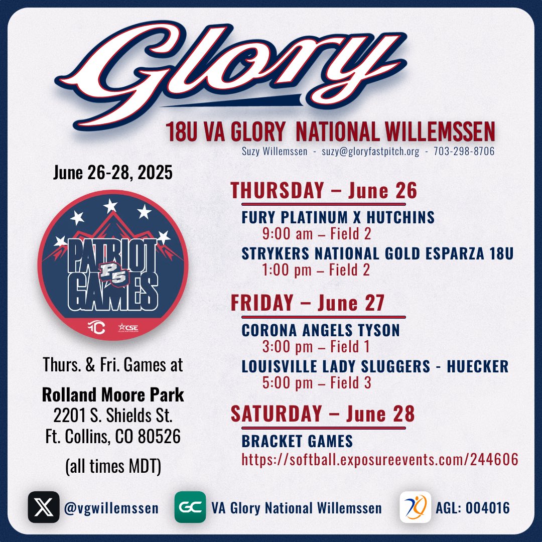 Ryleigh Dooley 2027 (@rydooley2027) on Twitter photo So excited for the Patriot Games with my <a href="/VGWillemssen/">VA Glory National Willemssen</a> teammates!! It’s going to be awesome!!! Here is our schedule, come check us out!!!! So excited for the Patriot Games with my <a href="/VGWillemssen/">VA Glory National Willemssen</a> teammates!! It’s going to be awesome!!! Here is our schedule, come check us out!!!!