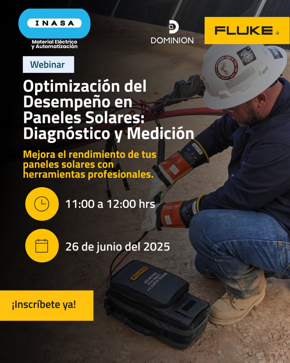 ☀️ Webinar Fluke | Optimización en Paneles Solares
Te invitamos al webinar:

📅 Jueves 26 de junio de 2025
🕚 11:00 a.m. – 12:00 p.m. (CST)

🔗 Regístrate aquí:
register.gotowebinar.com/register/56842…

#Fluke #INASA #WebinarSolar #EnergíaFotovoltaica #MediciónIndustrial