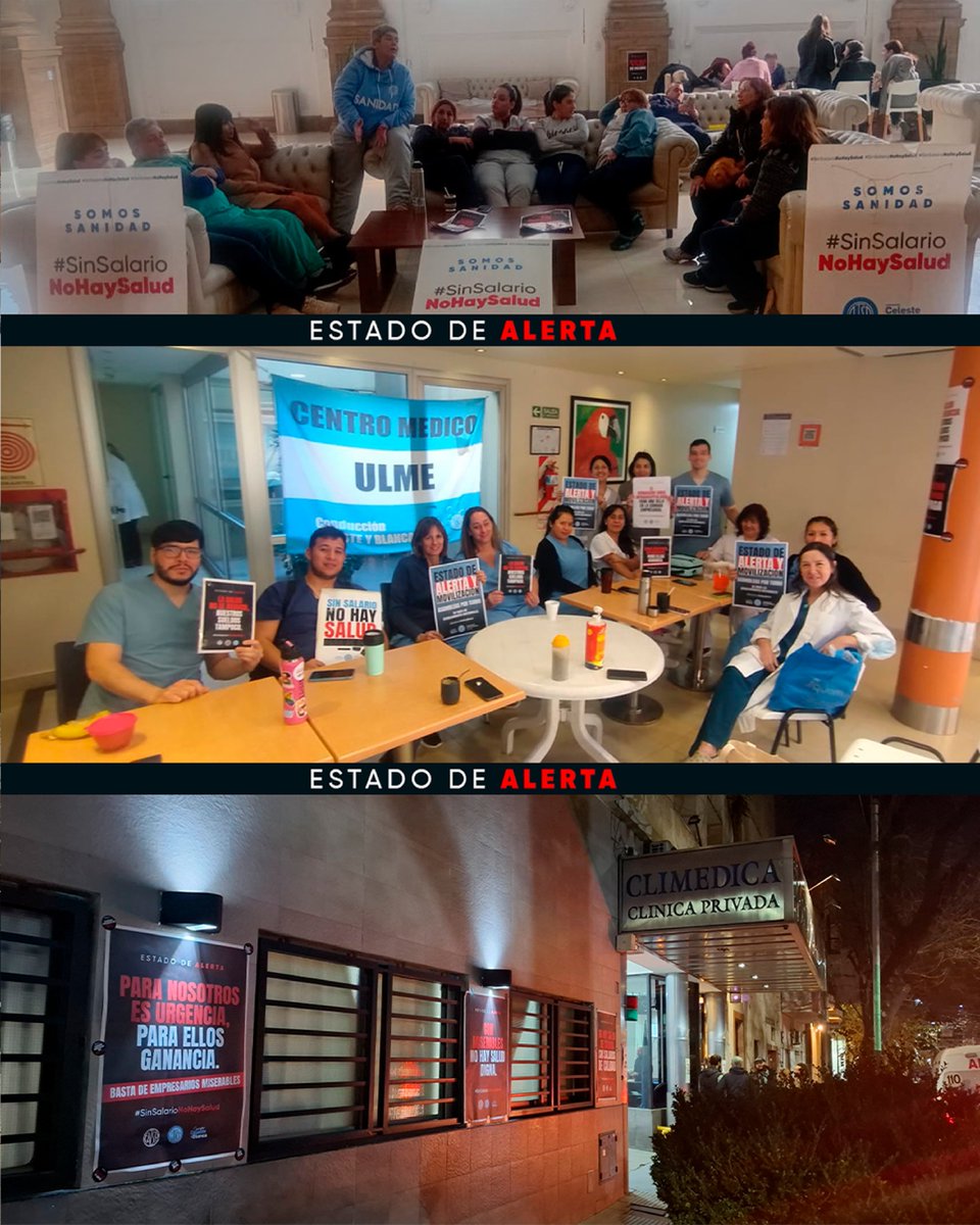 AtsaBsAs's tweet photo. Seguimos en #EstadoDeAlerta. Desde cada establecimiento continuamos con asambleas y reclamos para visibilizar nuestra voz. Exigimos una recomposición salarial, frente a la postura mezquina del sector empresarial. Lxs trabajadorxs del sector asistencial nos mantenemos unidxs. #SinSalarioNoHaySalud
#ATSABsAs #SanidadEnLucha