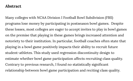 JofInterSport's tweet image. 🚨🚨🚨 New Article 🚨🚨🚨
The Effects of Postseason College Football Bowl Games on Recruiting: A Discontinuity-Based Approach
Willis Jones
doi.org/10.17161/jis.v…