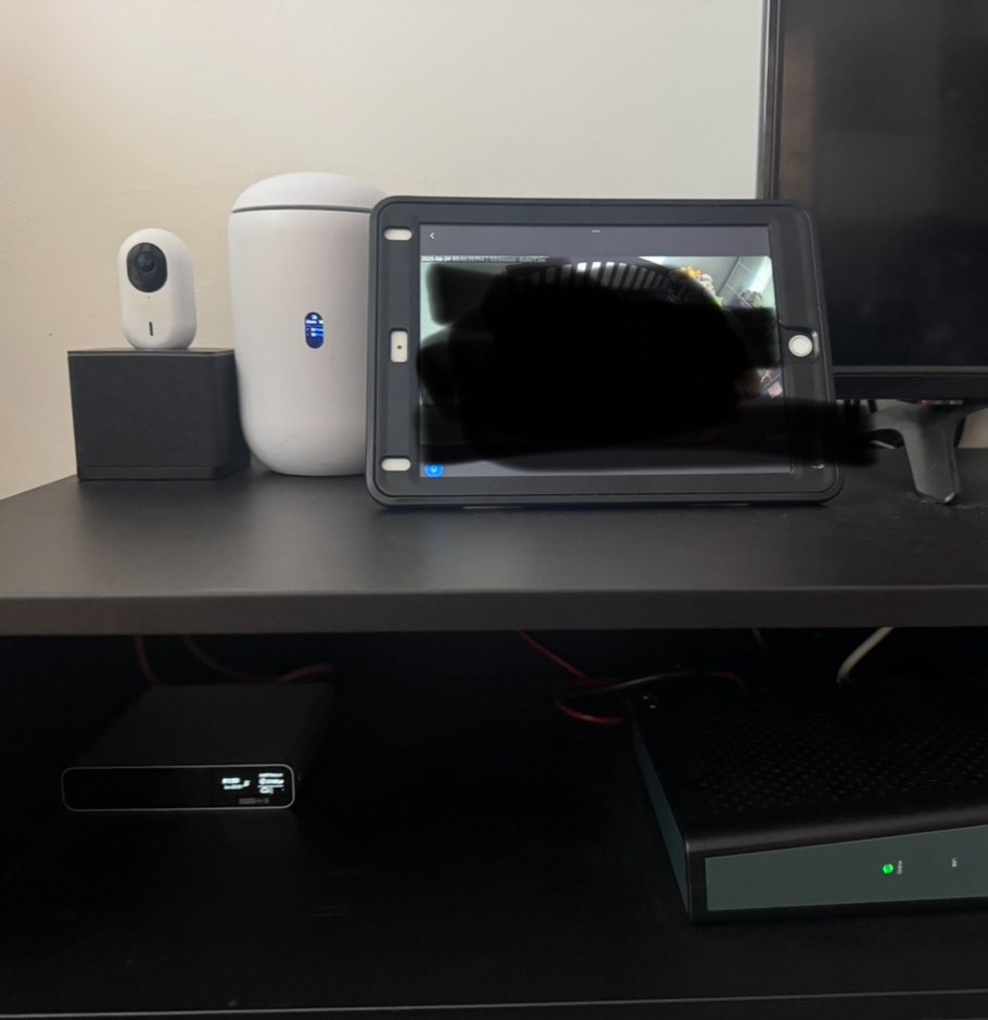RameshSeelochan's tweet photo. Not an actual rack but it gets the job done

UDR purchased when it was in EA running Network
CloudkeyG2+ with an ssd running Protect with 2 wireless G3 instants. 
Old iPad running protect to monitor baby cam https://t.co/Ebr61KLtJ1
