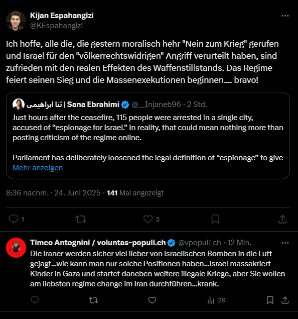 Ich betrachte es als grosses Kompliment, von <a href="/KEspahangizi/">Kijan Espahangizi</a> blockiert zu werden. Es scheint als könne er in seiner Blase nicht den kleinsten Funken Wahrheit ertragen. Nein zum Angriffskrieg Israels!