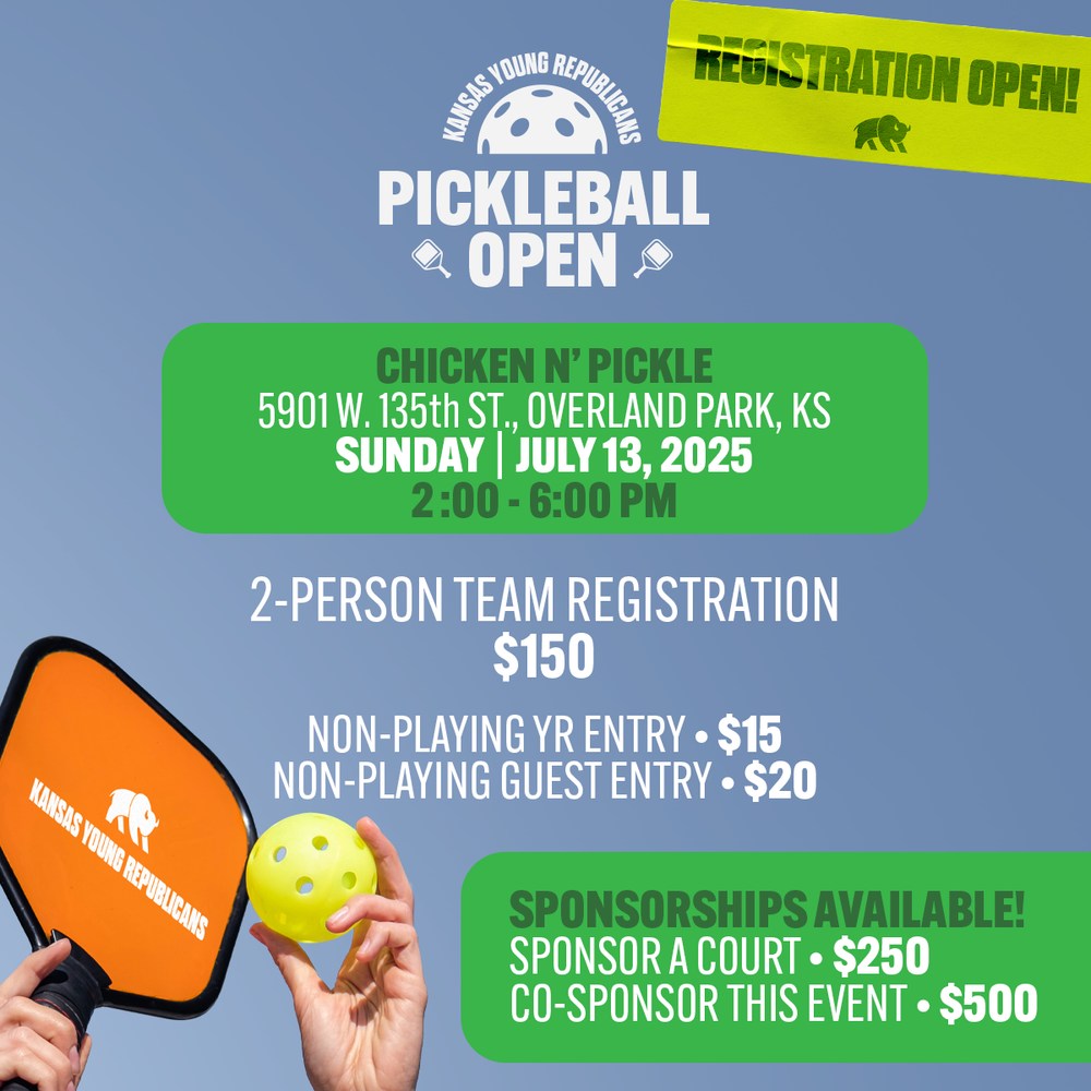 KansasYRs's tweet image. 🏓 GAME ON!
Join the KSYRs for our Pickleball Open July 13 at Chicken N’ Pickle in Overland Park!
🎟️ 2-player teams • Guests welcome
📣 Sponsorships open now!
Register below!
secure.winred.com/kansas-federat…