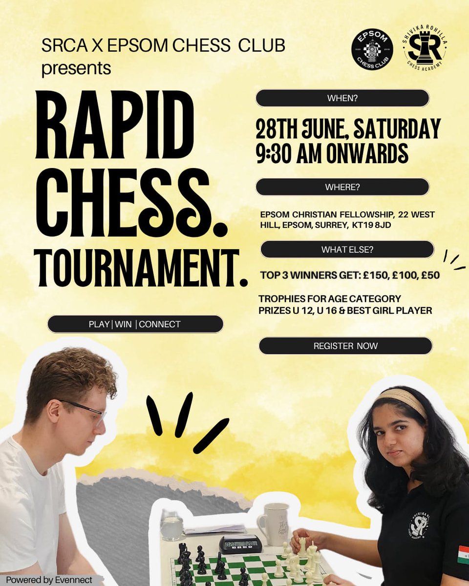 🚨 ECF Rated Rapid Chess Tournament – Epsom, UK 🇬🇧
📅 28th June '25
🕹️ Last date to register extended by 2 days!
🔔 Mandatory: ECF Registration required to play
⏳ Haven’t registered yet? Time’s ticking!
📩 DM us now for details &amp; to sign up! 
#ChessUK #ECFRated #EpsomChess
