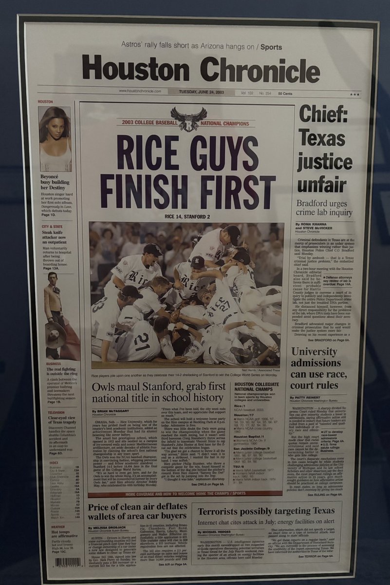 From page of the Houston Chronicle on this day in 2003. Yours truly with an A1 story on Rice winning the College World Series.
