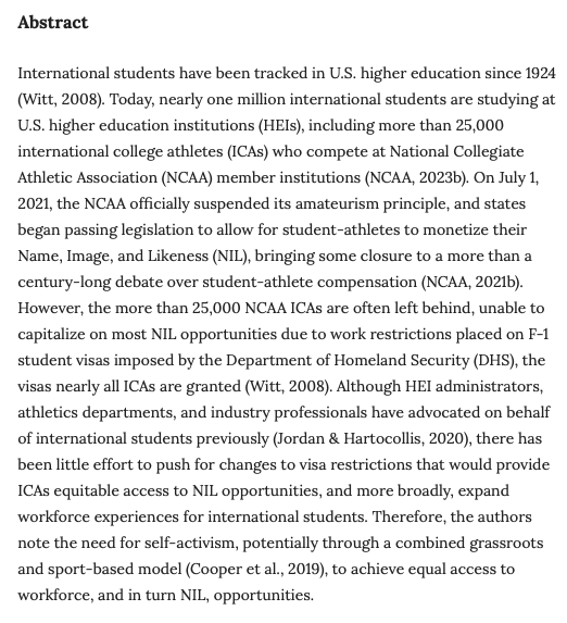 JofInterSport's tweet image. Important new article on international college athletes
Lost in Translation: Why Sport-based and Grassroots Activism May Be the Path to Equity in NIL Opportunities for International College Athletes
Emily Newell
Simran Kaur Sethi
doi.org/10.17161/jis.v…