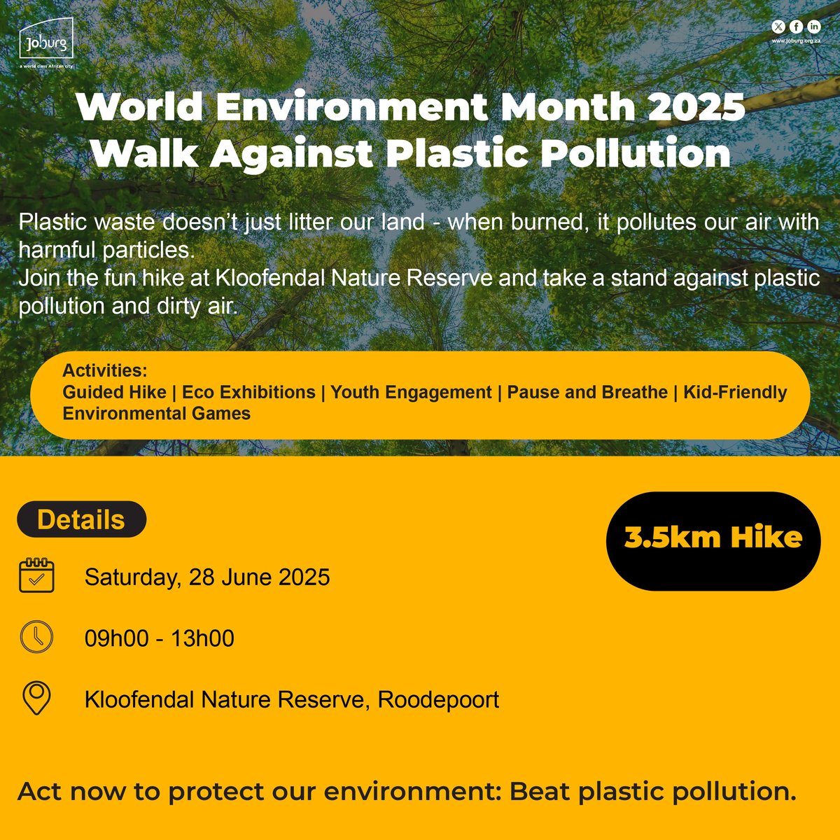 🚨 Join us this Saturday, 28 June, for a 3.5km fun hike at Kloofendal Nature Reserve. Let's tackle plastic pollution together and protect our city. Your part matters  - start by recycling!
✏️ To register, 🔗 forms.office.com/r/j3P0Qdt4tA
#JoburgCares #CleanAirJozi #PauseAndBreathe ^NJ