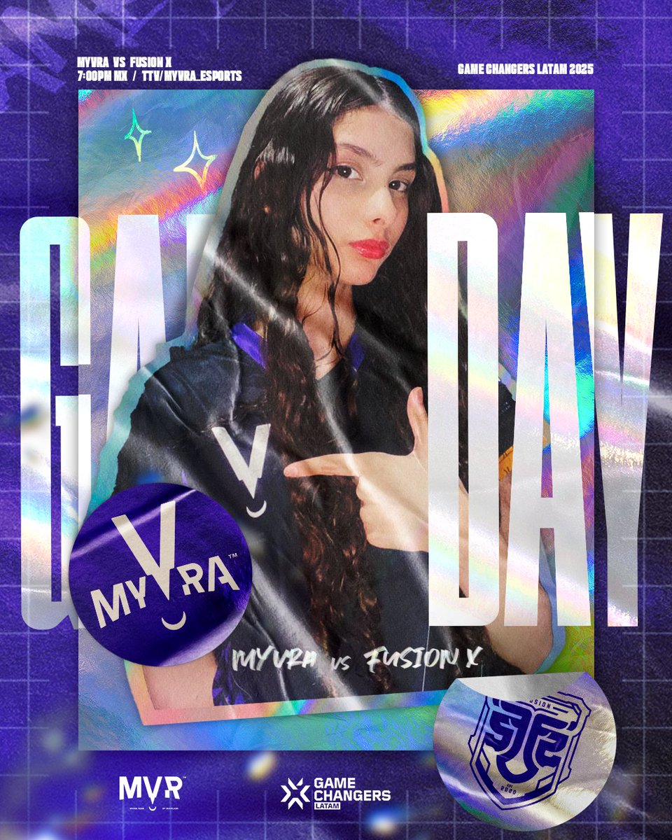 ¡Hoy jugamos nuestro tercer match del Split 2 de #VCTGameChangers !
vs <a href="/fusionfsgg/">FUSION</a> 
⏰7:00pm 🇲🇽 | 8:00pm 🇨🇴
Nos vemos en el canal del team.💜🦭
#SomosMYVRA