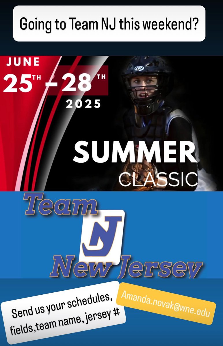 WNE Softball (@wnesoftball) on Twitter photo Heading to Team NJ! Send us your:
Schedules 📅
Field Numbers/Locations 📍
Team Name & Uniform Color 🌈
Times ⏰
Jersey #
Amanda.novak@wne.edu & tag us below ⬇️! Heading to Team NJ! Send us your:
Schedules 📅
Field Numbers/Locations 📍
Team Name & Uniform Color 🌈
Times ⏰
Jersey #
Amanda.novak@wne.edu & tag us below ⬇️!