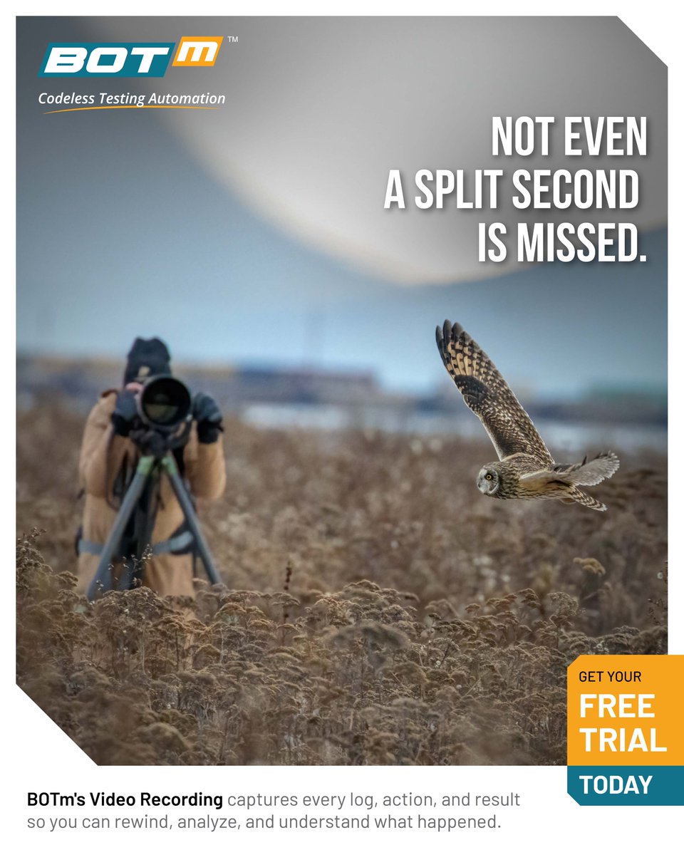 Botm_Testing's tweet image. Donโt let even a split second slip by. BOTmโs Video Recording captures your entire test run - frame by frame - so nothing escapes your review. Because in testing, what you see is what you solve. Get your free trial today!
.
.
#BOTm #VideoRecording #CodelessTesting #FreeTrial