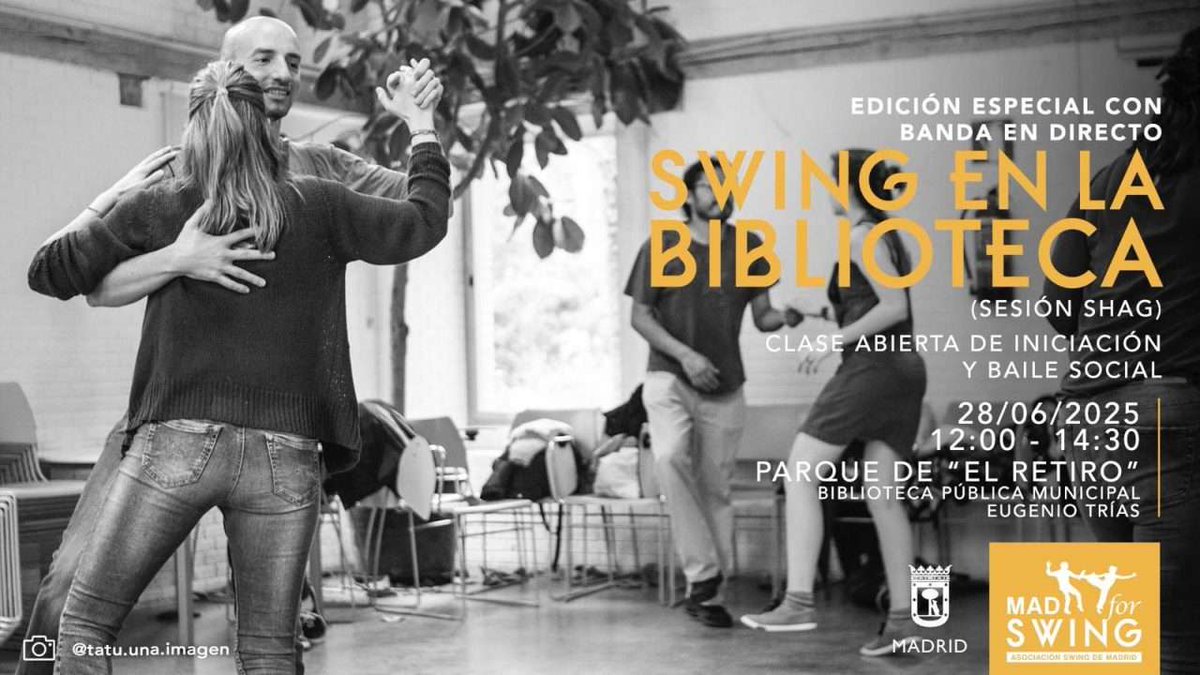 SWING EN LA BIBLIOTECA
Sesión Shag
Edición Especial con banda en directo
Sábado 28/06/25 12:00-14:30 
Gratuito
Biblioteca Pública Municipal Eugenio Trías (El Retiro)
Banda: The Perdidos al Swing
Clase abierta con: Bárbara y Angel 
madforswing.es/evento/swing-e…
#SomosMADforSwing