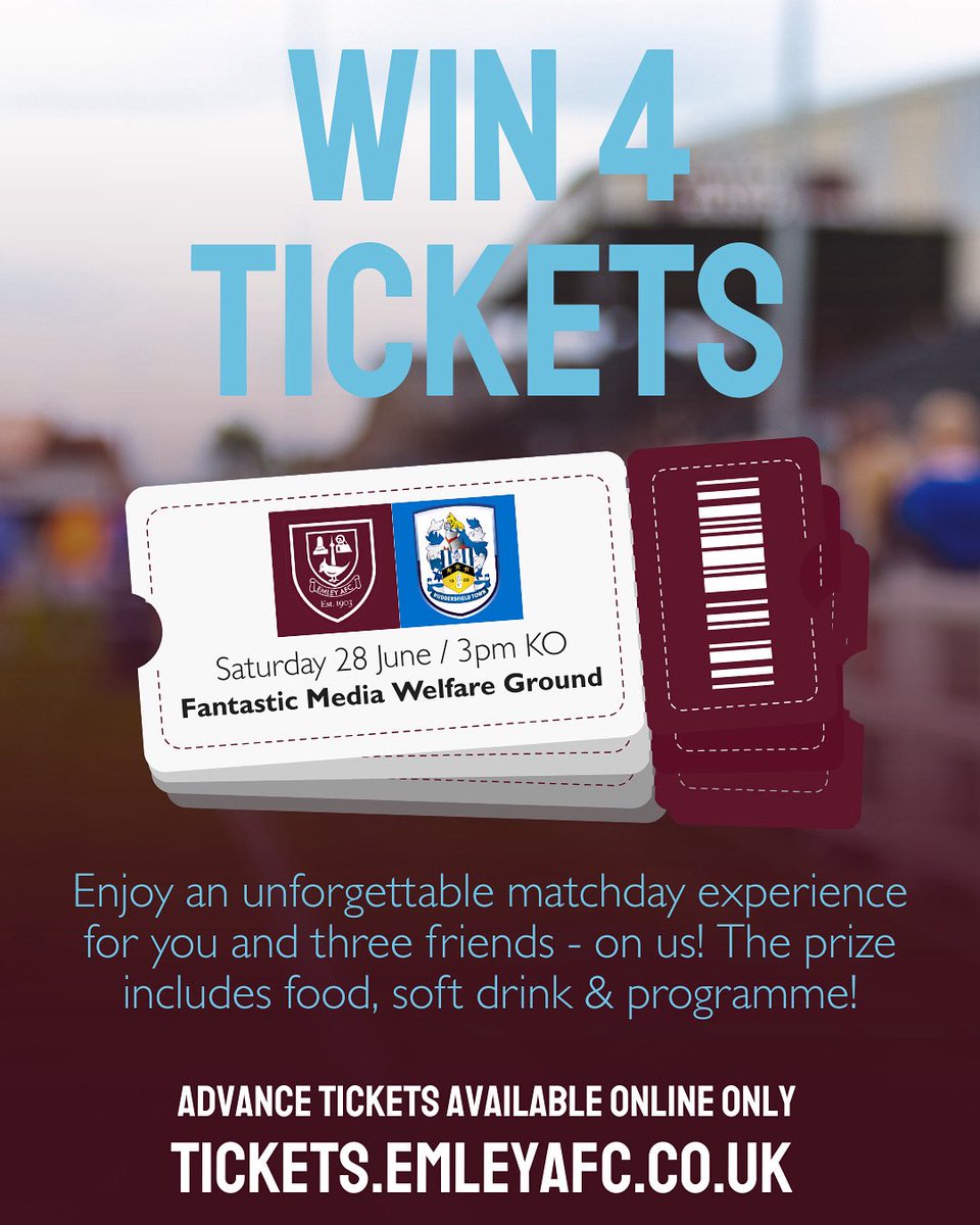 Emley_AFC's tweet photo. Win 4️⃣ tickets to this Saturday’s game!🎉

We’ll also throw in food from the Dugout Diner plus a soft drink per person &amp; a programme. 👏

How to enter:
✅ Follow us
✅ Repost this post
✅ Tag someone you’d take to the game

‼️ Enter by Thursday 26 June at 5pm. 

#UTP https://t.co/GTsvAOMPwq