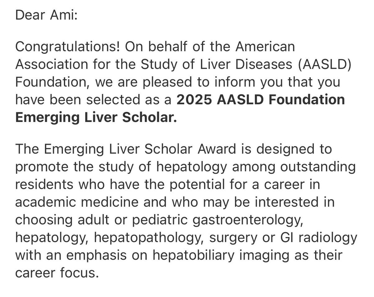 Ami Patel (@amikppatel) on Twitter photo 🌟Very excited and honored to have been selected as a recipient of the 2025 Emerging Liver Scholar Award!
Forever grateful for the support of my mentors <a href="/DeepikaDevuniMD/">Deepika Devuni MD</a> <a href="/Dr_KMCoop/">Katherine Cooper</a> <a href="/UMassIMResident/">UMass Chan IM Residency</a> <a href="/UMassChan/">UMass Chan Medical School</a> <a href="/UMassGI/">University of Massachusetts GI Fellowship</a> and to <a href="/AASLDFoundation/">AASLD Foundation</a> for this opportunity! #TLM2025 🌟Very excited and honored to have been selected as a recipient of the 2025 Emerging Liver Scholar Award!
Forever grateful for the support of my mentors <a href="/DeepikaDevuniMD/">Deepika Devuni MD</a> <a href="/Dr_KMCoop/">Katherine Cooper</a> <a href="/UMassIMResident/">UMass Chan IM Residency</a> <a href="/UMassChan/">UMass Chan Medical School</a> <a href="/UMassGI/">University of Massachusetts GI Fellowship</a> and to <a href="/AASLDFoundation/">AASLD Foundation</a> for this opportunity! #TLM2025