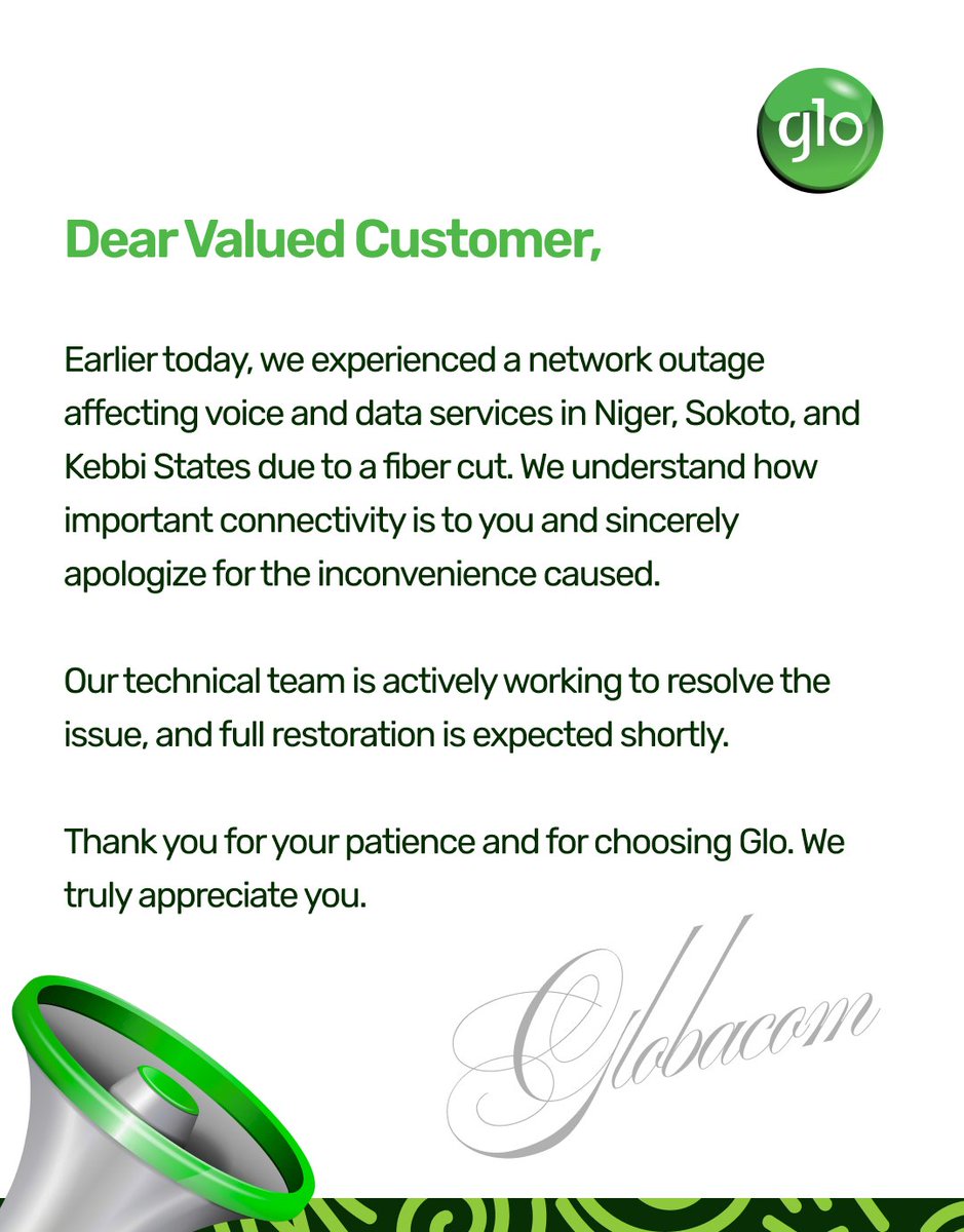 We know how much staying connected matters. 

Our team is working fast to restore service in Niger, Sokoto &amp; Kebbi. 

Thanks for your patience and for being part of the Glo family.

#GloCares #ServiceUpdate #StayConnected #GloNetwork

#GloCares #StayConnected #ServiceUpdate