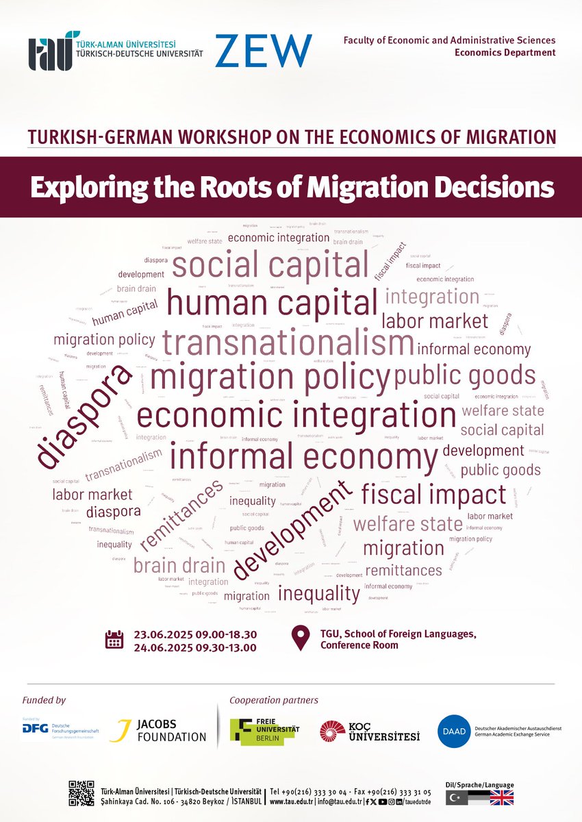 GNeidhofer's tweet image. A big thank you to all participants of the Turkish-German Workshop on the Economics of Migration 🇹🇷🇩🇪 at @tauedutrde, organized in collaboration with @ZEW, Freie Universität Berlin, and Koç Üniversitesi.
Special thanks to @Foundation_JF and @dfg_public for making it possible!