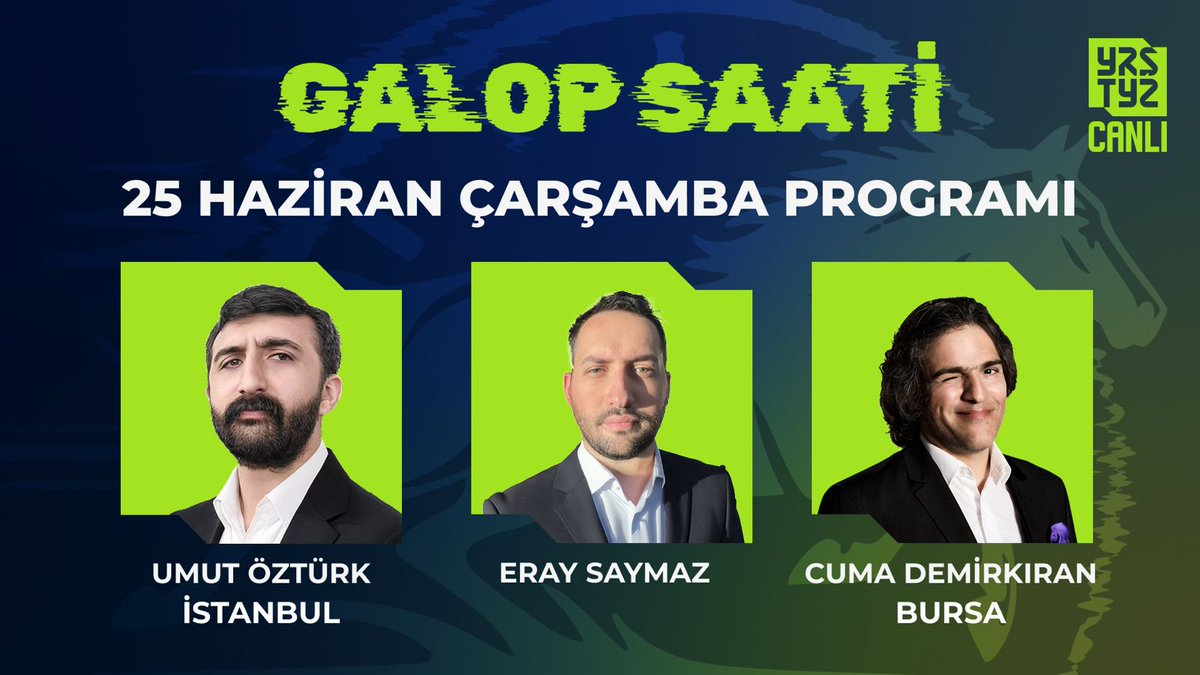 Galop Saati ile yarış heyecanı başlıyor!  

Bugün saat 12.00'de <a href="/EraySaymaz/">Eray Saymaz</a> moderatörlüğünde <a href="/WhiskeredCoach/">𝔹𝕀𝕐𝕀𝕂𝕃𝕀 ♞</a> ve <a href="/CumademirkR/">CUMA DEMİRKIRAN</a> İstanbul ve Bursa yarışlarını CANLI yayında Galop Saati programında yorumluyor.    

İzlemek İçin ➡️ youtube.com/live/SMH7A5Ahq…