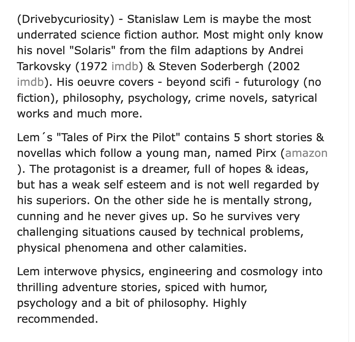 DrGem2015's tweet photo. #ScienceFiction: Tales Of Pirx The Pilot By Stanlislaw Lem
https://t.co/0XdAn3d0xJ
#bookrevies #goodreads #booktwitter #shortstories #StanlislawLem https://t.co/mmFt5HXELR