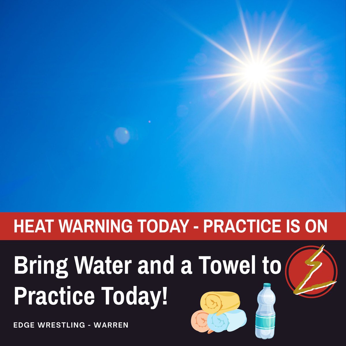 ⚠️ IMPORTANT REMINDER! ⚠️
Due to the heat, we strongly recommend bringing water, a towel, and at least one extra shirt to practice today.