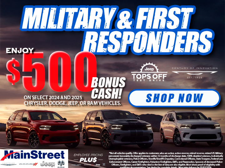 MainStreet_CDJR's tweet photo. Military &amp; first responders, this one’s for you 🙌 Enjoy special discounts at Mainstreet CDJR as a small thank-you for your big service. https://t.co/VtRxEdi0Vi #MainstreetThanksYou https://t.co/it9I2RhkSH