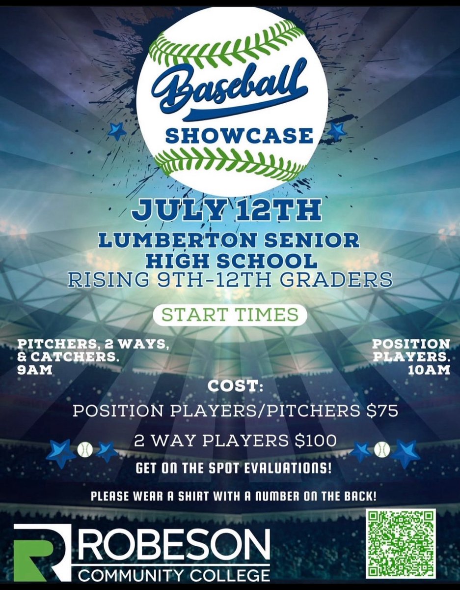 Players,
Here is a great chance for you to get your name out there to college coaches. Coach Jones at Robeson CC is starting the baseball program there and is providing this opportunity to rising 9th-12th graders. Consider attending this. Great opportunity to show your abilities.