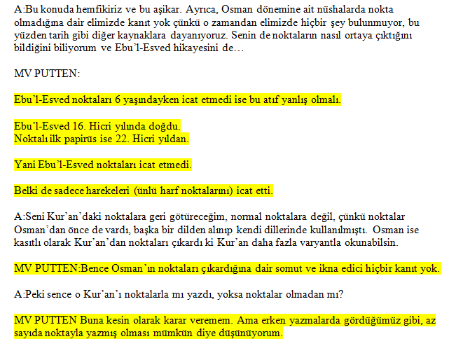 Kur'an çalışmaları konusunda dünyada tanınan Marijn van Putten'in " ilk dönem Kur'an yazmalarında hiç nokta yoktu,Hz.Osman mushafı noktasızdı" görüşünü deliller sunarak reddettiği x postu