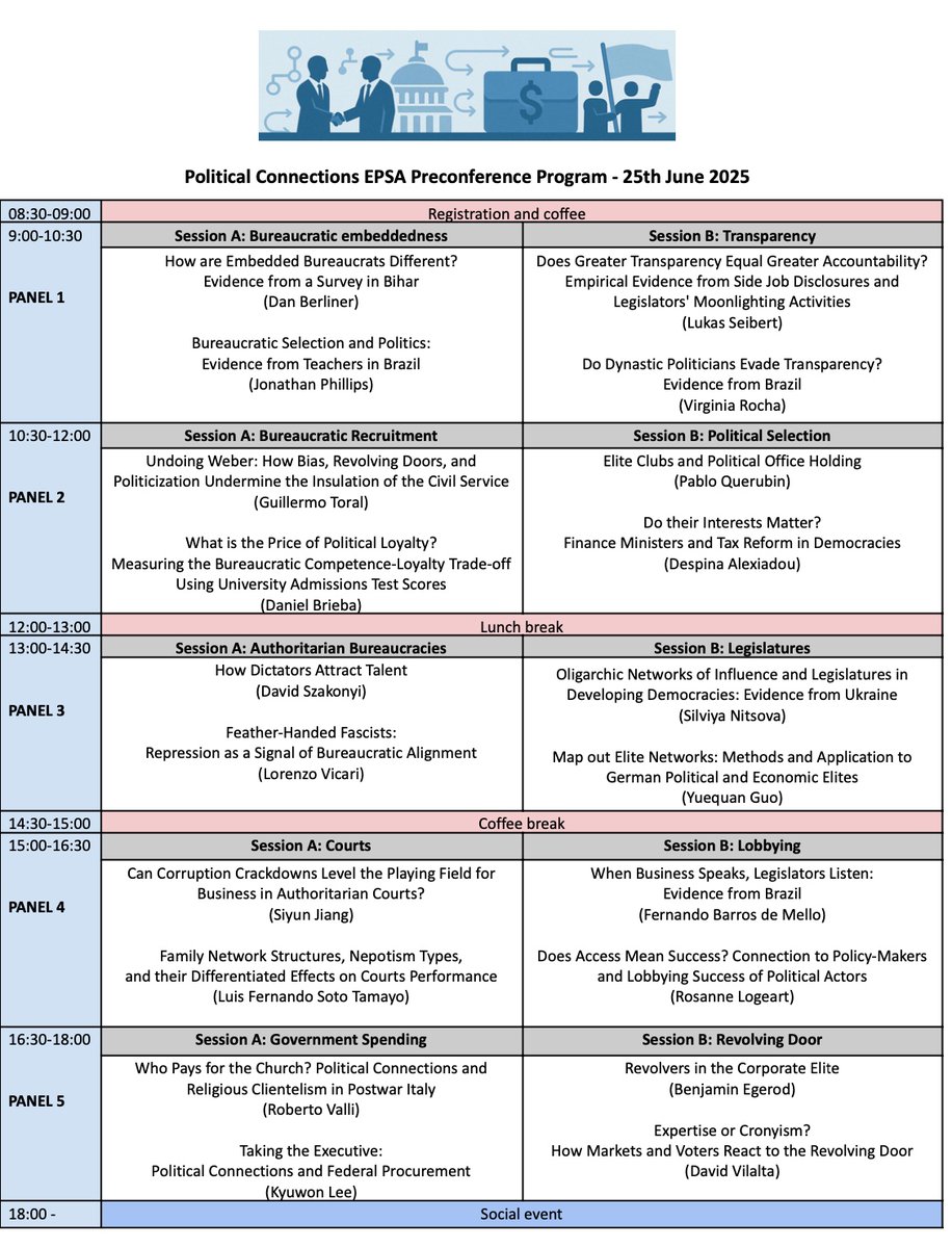 Join us at the #EPSA2025 Pre-Conference on Political Connections!
📅 June 25, 2025
📍 UC3M (Puerta de Toledo Campus) Rooms 0.A.05 &amp; 0.A.06
🕘 9 AM — 6 PM
10 panels, 2 parallel tracks — a full day of insights and debate on bureaucracy, revolving doors, money in politics, and more!