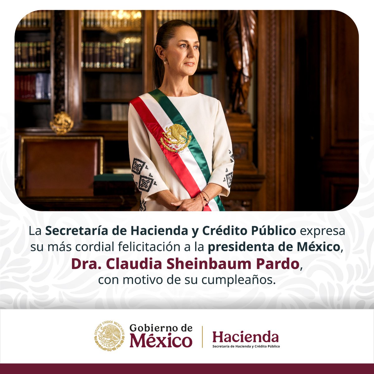 Hacienda (@hacienda_mexico) on Twitter photo De parte de todas y todos los que trabajamos en la Secretaría de Hacienda, le extendemos una afectuosa felicitación a la presidenta <a href="/Claudiashein/">Claudia Sheinbaum Pardo</a> por su cumpleaños 🥳🎂
#FelicidadesPresidenta De parte de todas y todos los que trabajamos en la Secretaría de Hacienda, le extendemos una afectuosa felicitación a la presidenta <a href="/Claudiashein/">Claudia Sheinbaum Pardo</a> por su cumpleaños 🥳🎂
#FelicidadesPresidenta