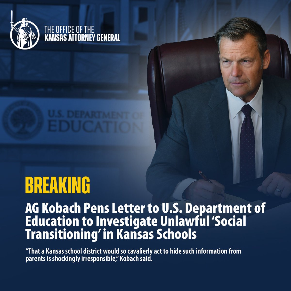 KSAGOffice's tweet image. Kansas Attorney General Kris Kobach is asking the U.S. Department of Education’s Office for Civil Rights to investigate four Kansas school districts for suspected failure to comply with the Family Educational Rights and Privacy Act, or FERPA.
In a letter to Secretary of…