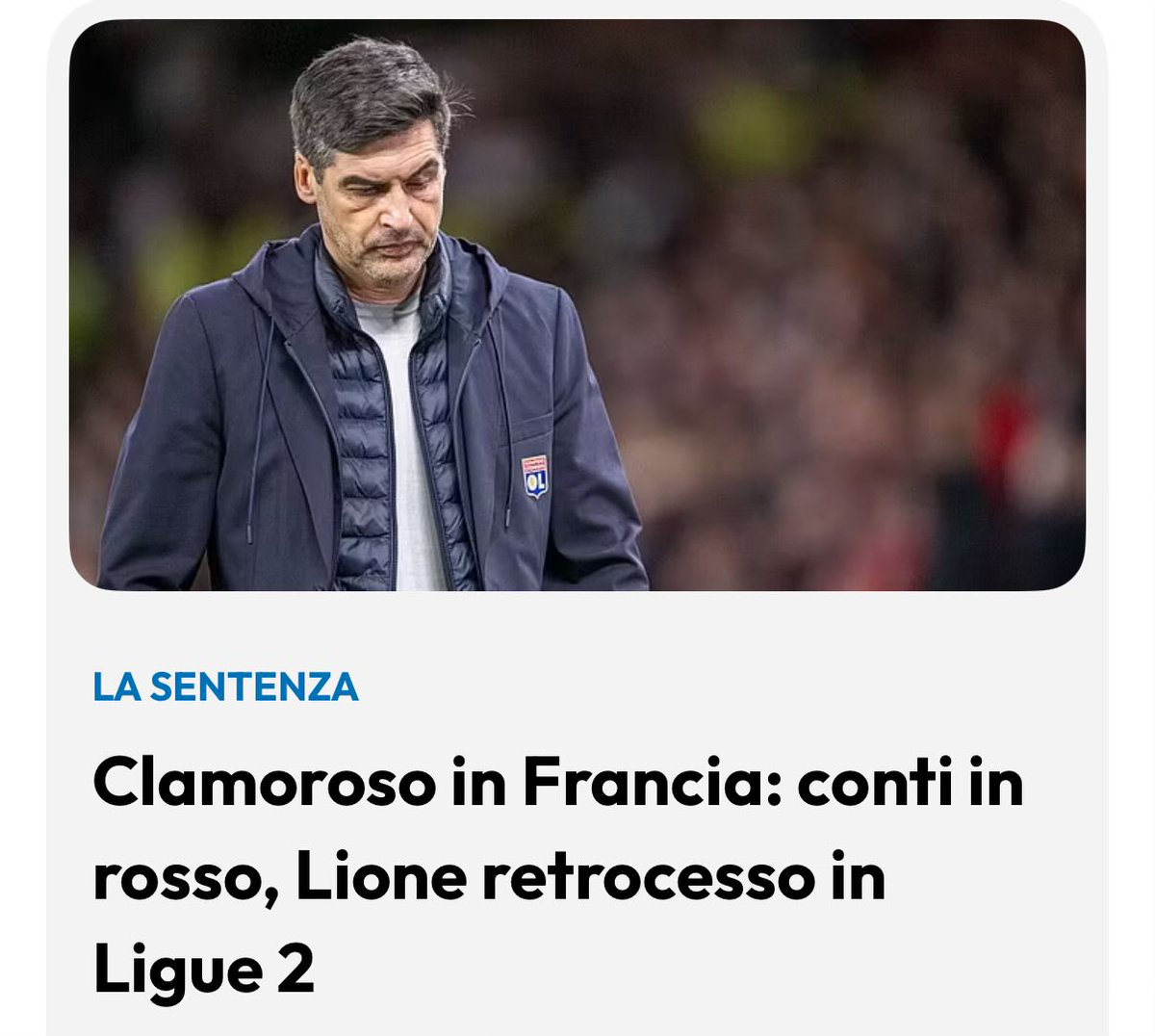 Il #Lione retrocede in #Ligue2 per conti in rosso. In #Italia invece, se hai un debito monstre e un patrimonio sotto zero, ti portano in trionfo. Perché da noi non si guarda ai bilanci. Si guarda alle emozioni.
E ai colori giusti.
Selettivi.

RT se sei d’accordo.
#Inter #SerieA