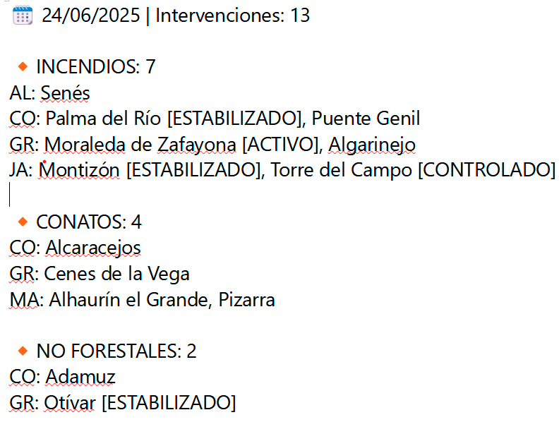 🗓 24/06/2025 | Resumen de Intervenciones: 13 han sido las realizadas hoy, resumidas en esta imagen.

Seguiremos pendientes de Palma del Río [ESTABILIZADO], Montizón [ESTABILIZADO], Torre del Campo [CONTROLADO] y Otívar [ESTABILIZADO]…
