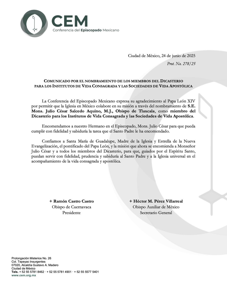 La Conferencia del Episcopado Mexicano expresa su agradecimiento a <a href="/Pontifex_es/">Papa León XIV</a> por permitir que la Iglesia en México colabore en su misión a través del nombramiento de S.E. Mons. Julio César Salcedo Aquino, M.J., Obispo de Tlaxcala, como miembro del Dicasterio para los