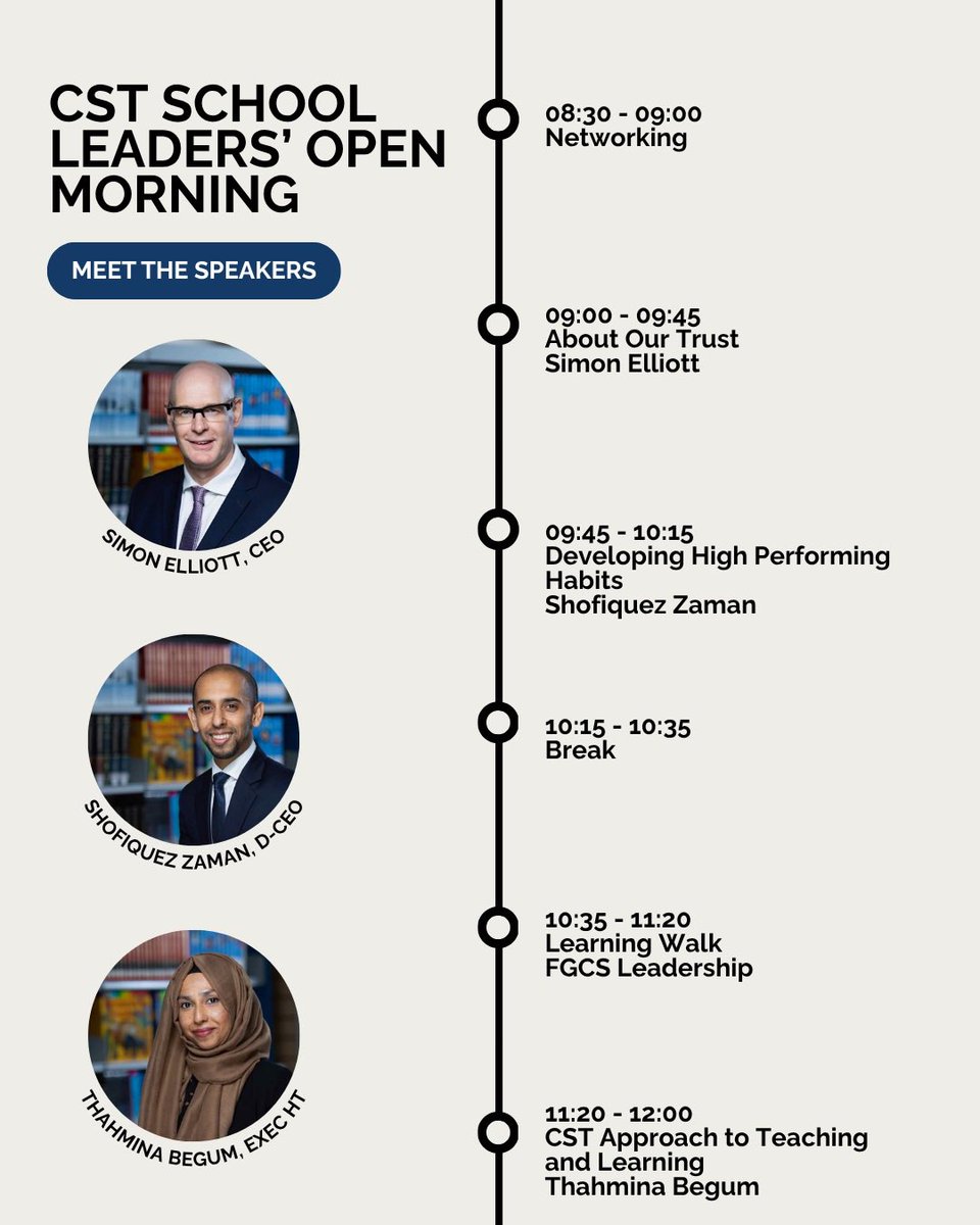 <a href="/CST_London/">The Community Schools Trust</a> school leaders’ open morning is in exactly one week!

See our line up 👇🏽 

Not too late to sign up: eventbrite.com/e/cst-school-l…