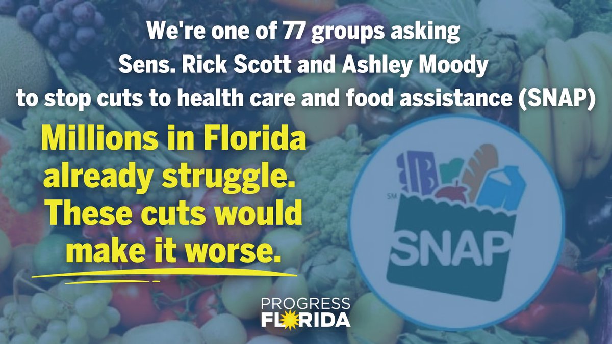 Progress Florida (@progressflorida) on Twitter photo We are one of 77 groups urging <a href="/SenRickScott/">Rick Scott</a> and <a href="/SenAshleyMoody/">Senator Ashley Moody</a> to reject proposed federal cuts to health care and SNAP.
Floridians will experience a devastating loss of essential health coverage & food assistance if these cuts are enacted. floridapolicy.org/posts/77-group… We are one of 77 groups urging <a href="/SenRickScott/">Rick Scott</a> and <a href="/SenAshleyMoody/">Senator Ashley Moody</a> to reject proposed federal cuts to health care and SNAP.
Floridians will experience a devastating loss of essential health coverage & food assistance if these cuts are enacted. floridapolicy.org/posts/77-group…