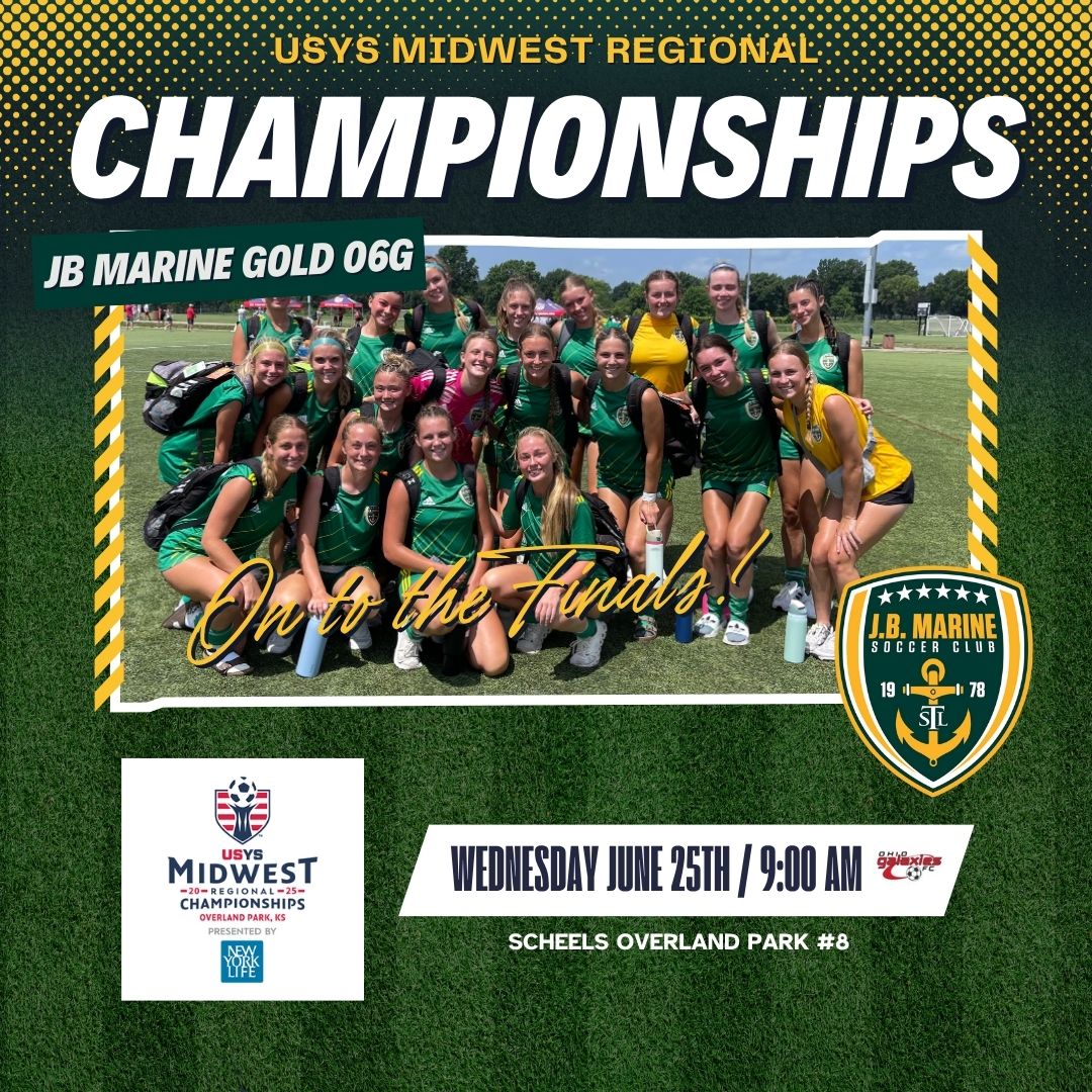 Congrats to the J.B. Marine Gold 2006 Girls as they secured a spot in the @usyouthsoccer Midwest Regionals finals with a 2-1 victory earlier today. Game details: Wednesday, June 25th at 9:00 AM on field #8.  #letsgoJB