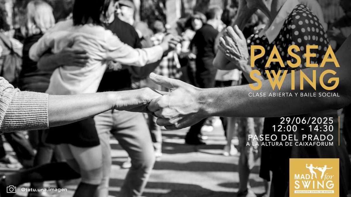 Pasea Swing
29/06/2025
De 12 a 14:30h
GRATUITO
Paseo del Prado 
A las 12:00, clase abierta  de  swing con Gabriel y Begoña 
A las 12:30,  baile social con Dj Ludiswing 
!Te esperamos!

#MADforSwing
#SomosMADforSwing
