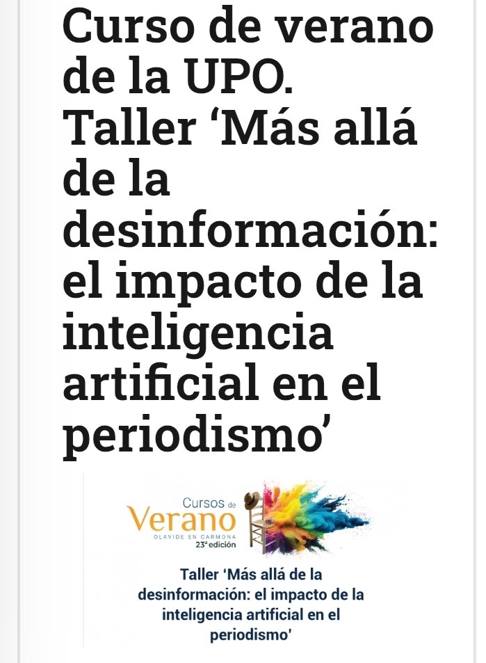 Excelente Taller en <a href="/olavidecarmona/">Olavide en Carmona</a> organizado por la <a href="/aprensasevilla/">Asoc. Prensa Sevilla</a> . Felicidades a <a href="/rafarogue/">Rafael Rodríguez</a> y su Junta Directiva. Magníficos ponentes. Una pena que muchos profesionales no acudan a este reciclaje permanente. Los propios medios deberían "obligar" a sus redactores a formarse