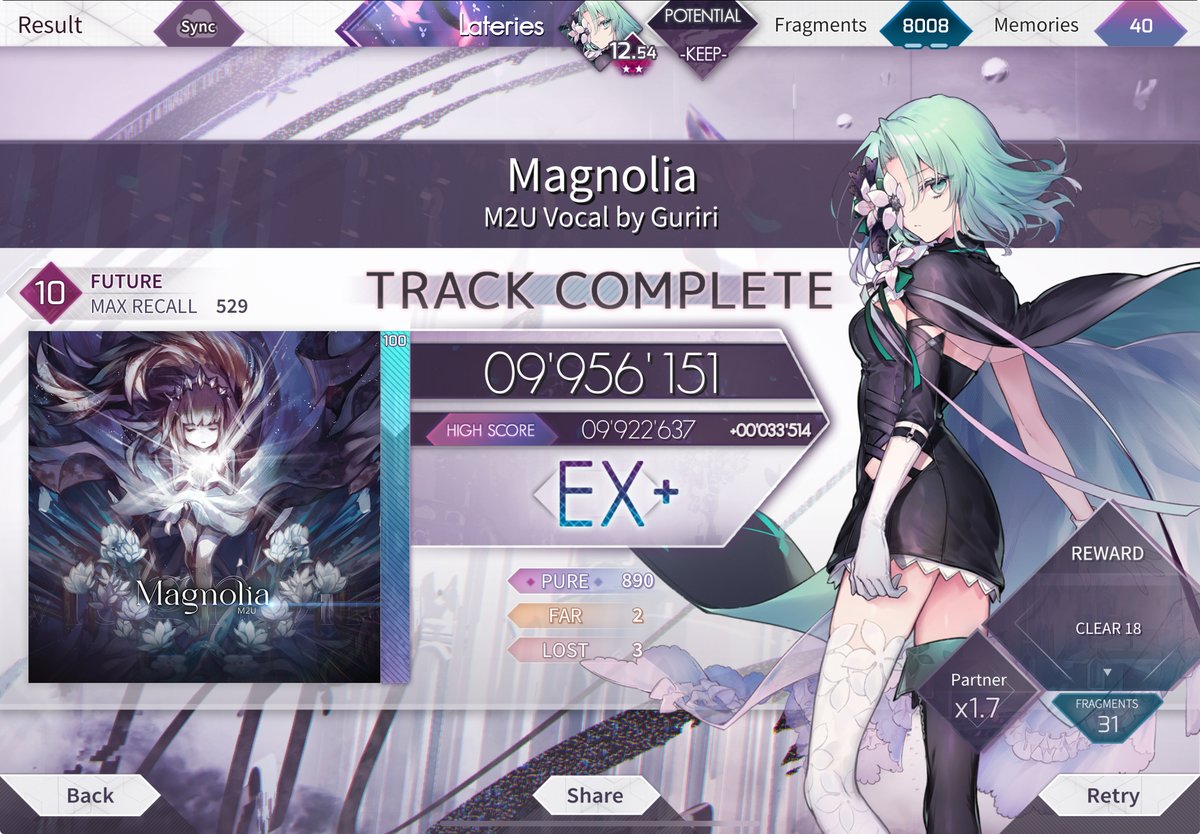 f_late2nd's tweet photo. #arcaea 
Magnolia　995！！！
神曲神譜面なのでいつかPMしたい

..........いつかね？ https://t.co/m3DXkLmbze