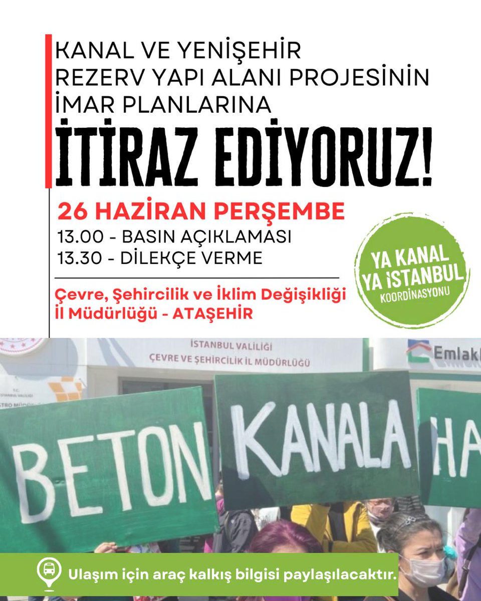 Kanal İstanbul imar planlarına itiraz ediyoruz.
26 Haziran Perşembe 13.00'de Ataşehir Çevre, Şehircilik ve İklim Değişikliği İl Müdürlüğü'ndeyiz.
#YaKanalYaİstanbul
