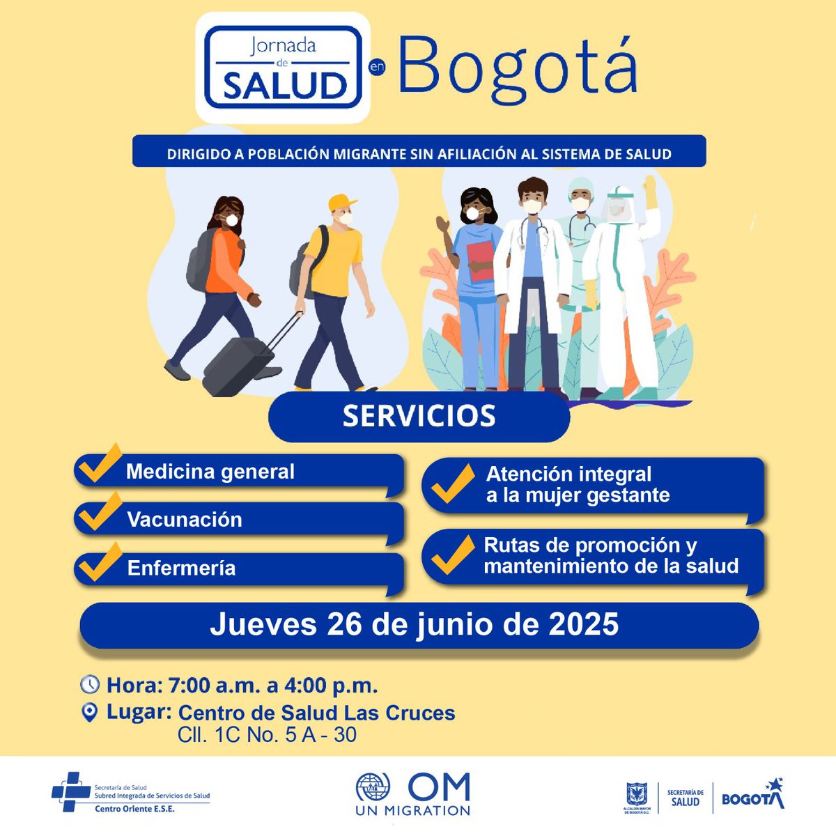 📣 ¡Atención migrantes en Bogotá!
🗓 Jue. 26 de junio | 🕖 7:00 a. m. – 4:00 p. m.
📍 Centro de Salud Las Cruces (Cll. 1C No. 5A-30)

✅ Medicina general
✅ Vacunación 💉
✅ Enfermería
✅ Atención a la mujer gestante 🤱
✅ Rutas de salud 🌱

💙#BogotáTeCuida
